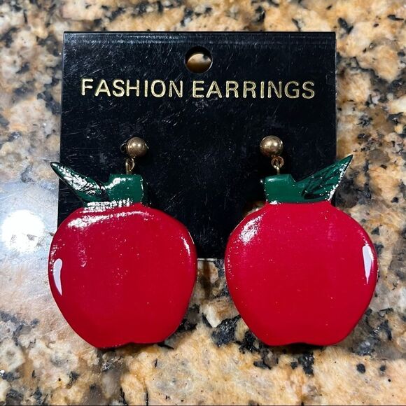 Vintage Wooden Apple Earrings Hand Painted Philippines Teacher - Picture 1 of 5